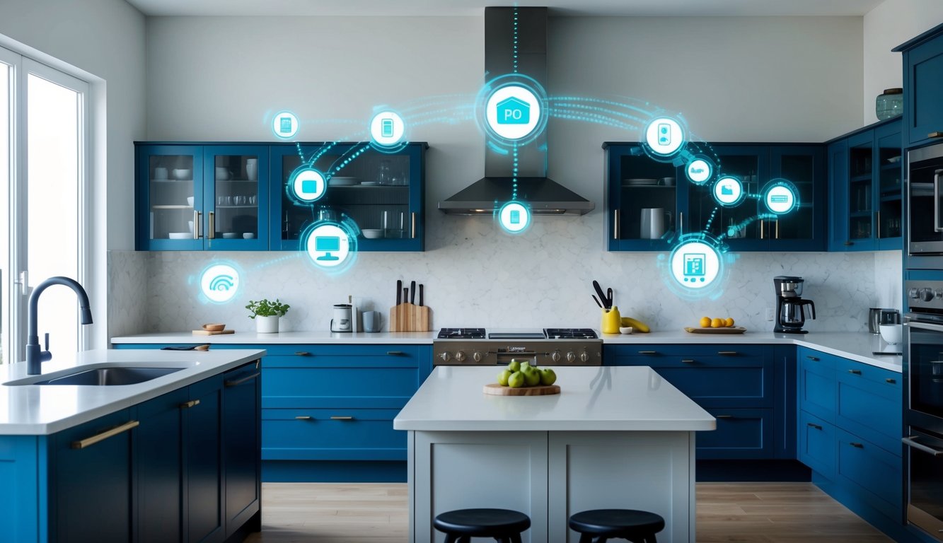 A modern kitchen with various appliances connected to a central AI system, displaying seamless integration and convenience in a smart home setting