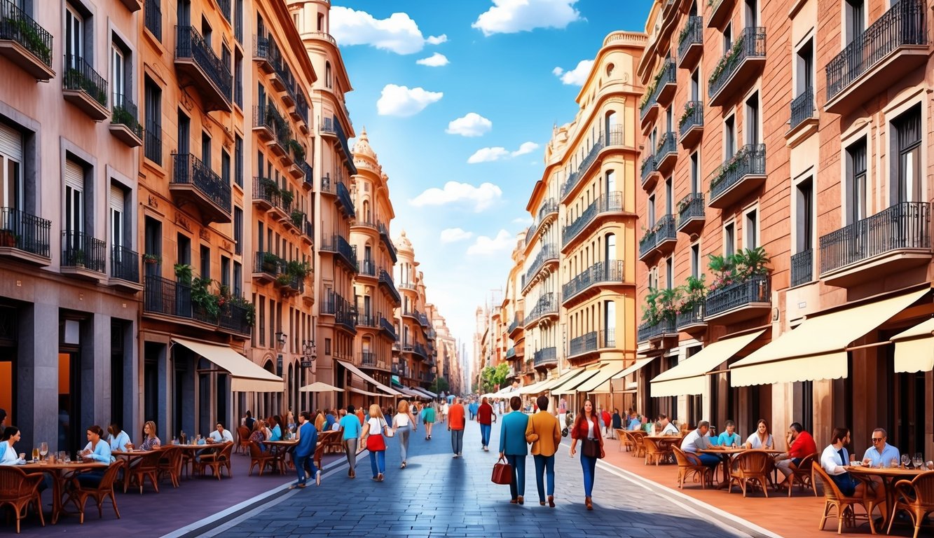 The colorful and bustling streets of Barcelona, Spain, are lined with historic architecture and lively outdoor cafes