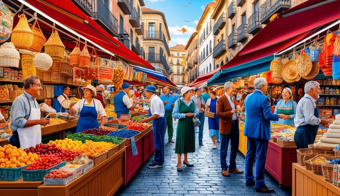 A bustling market filled with colorful stalls selling traditional Spanish goods and locals engaging in lively conversations