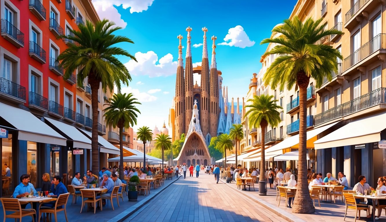 The bustling streets of Barcelona, Spain, with colorful buildings, palm trees, and outdoor cafes lining the sidewalks. The iconic Sagrada Familia looms in the distance