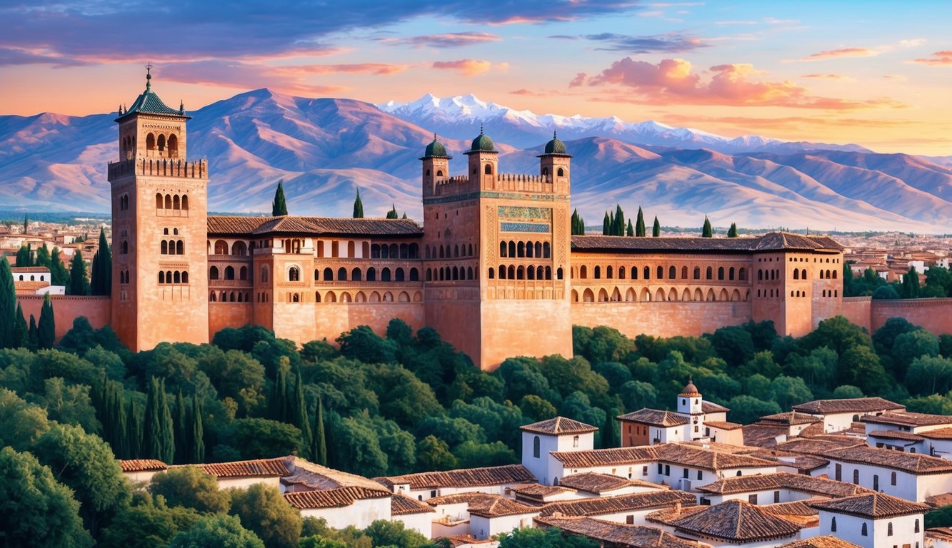 The Alhambra at sunset, with the Sierra Nevada mountains in the background and the city of Granada spread out below