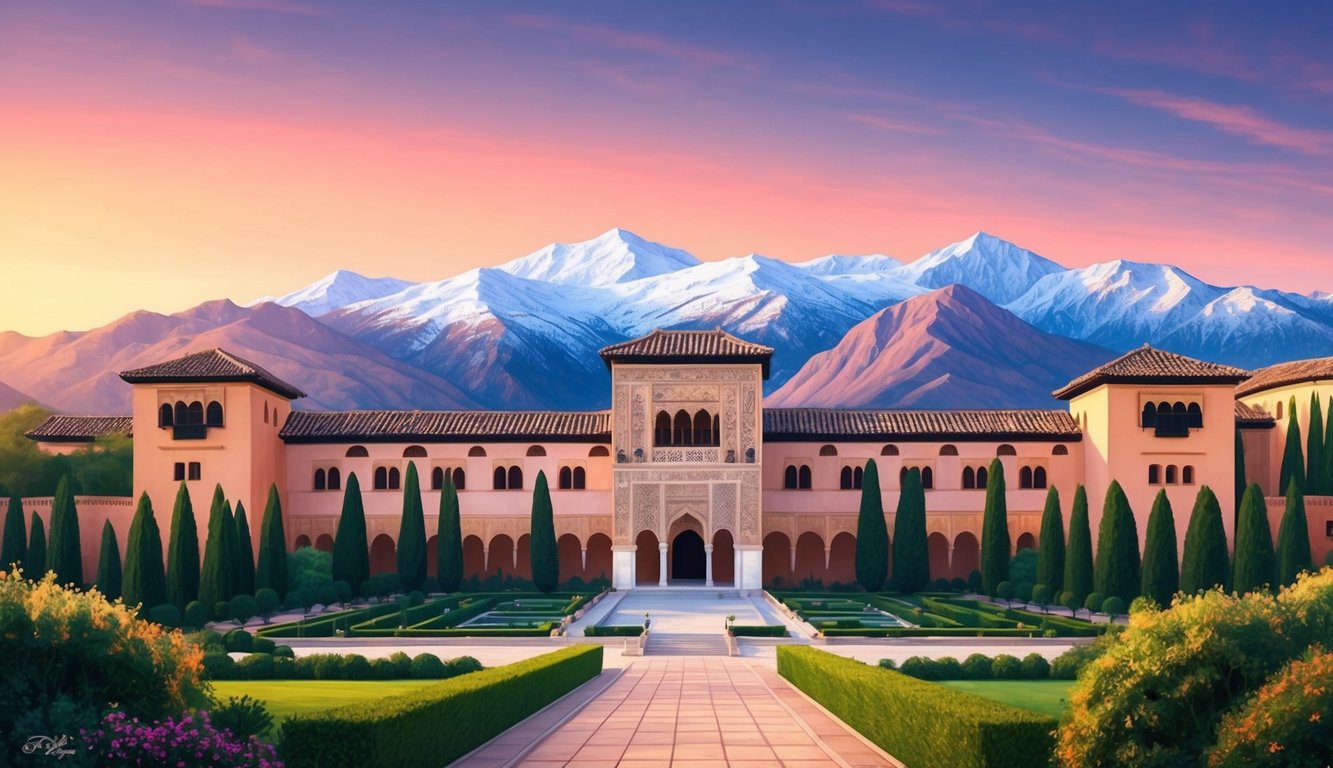 The Alhambra at sunset, with the snow-capped Sierra Nevada mountains in the background and lush gardens in the foreground