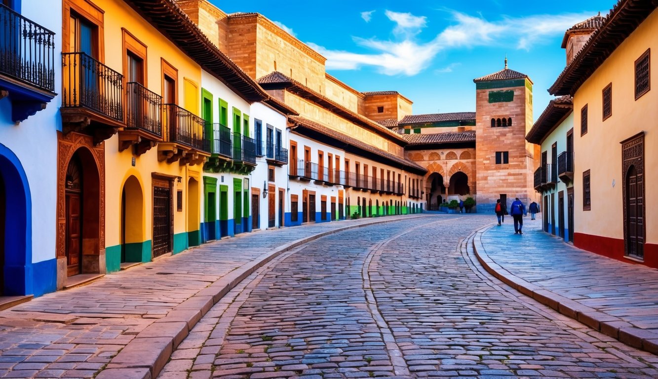 A winding cobblestone street lined with colorful buildings, leading towards the ancient Alhambra fortress in Granada, Spain