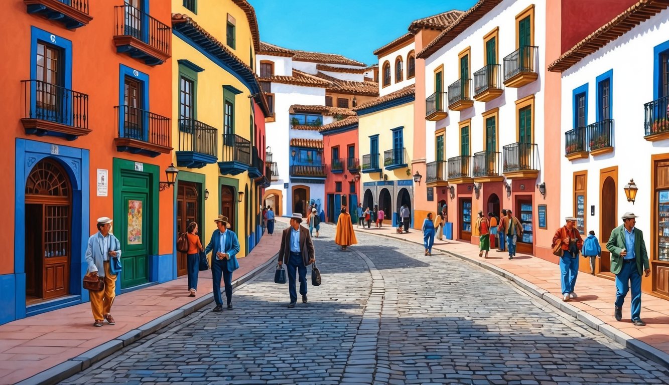 A bustling street in Granada, Spain, with colorful buildings, cobblestone roads, and people going about their daily activities