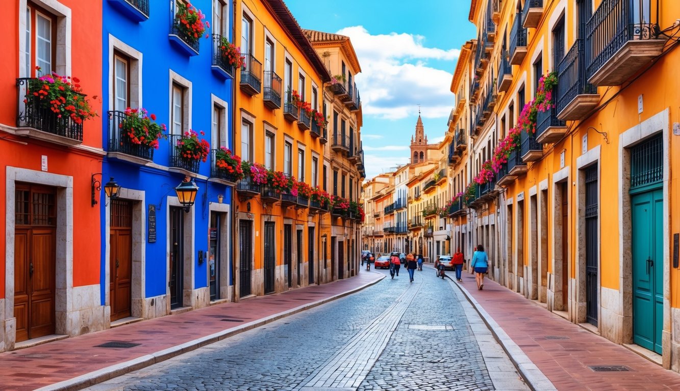 The bustling streets of Valencia, Spain, lined with colorful buildings and adorned with vibrant flowers