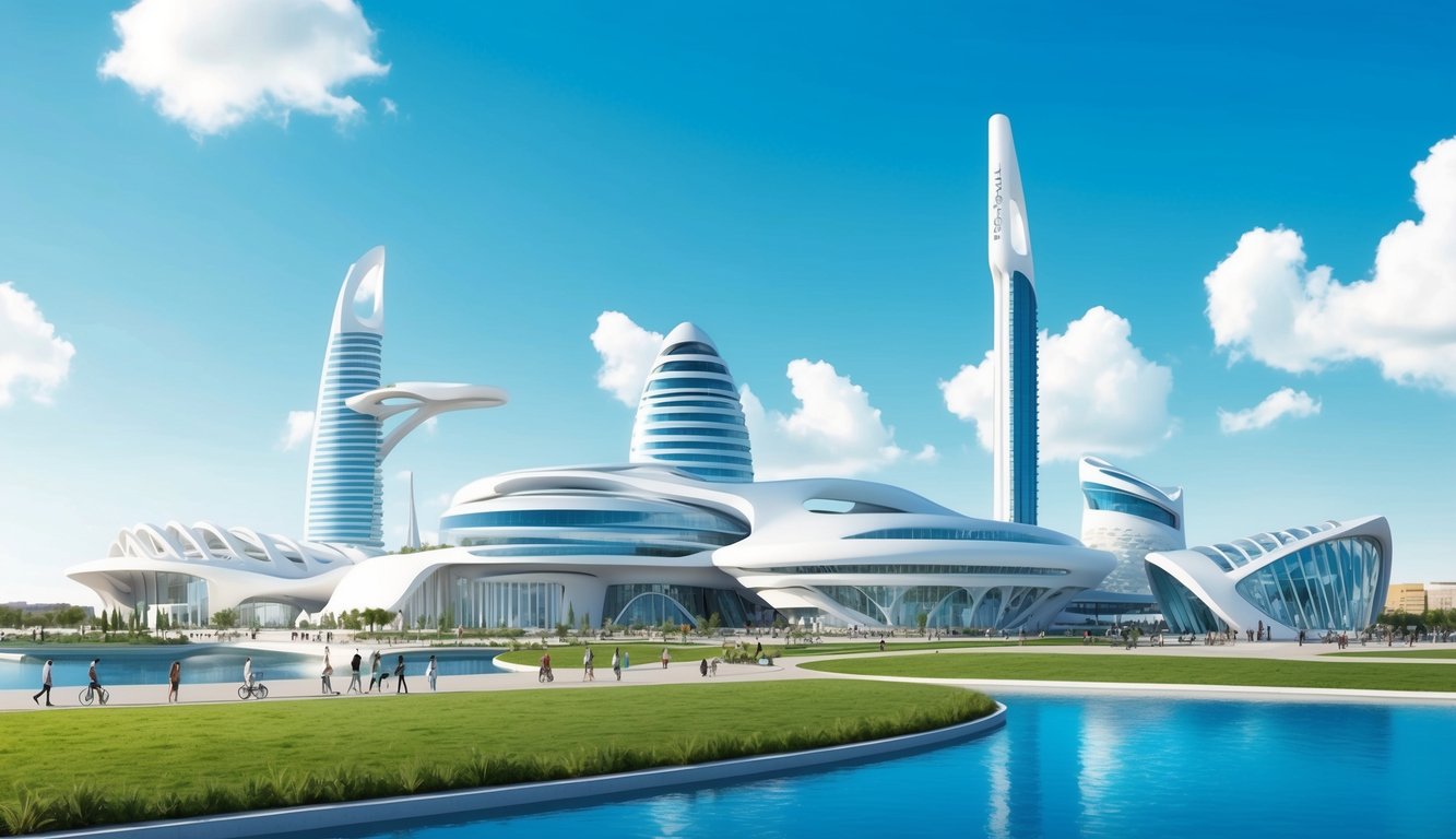 The scene depicts the City of Arts and Sciences in Valencia, Spain, with its modern and futuristic architecture set against a bright blue sky