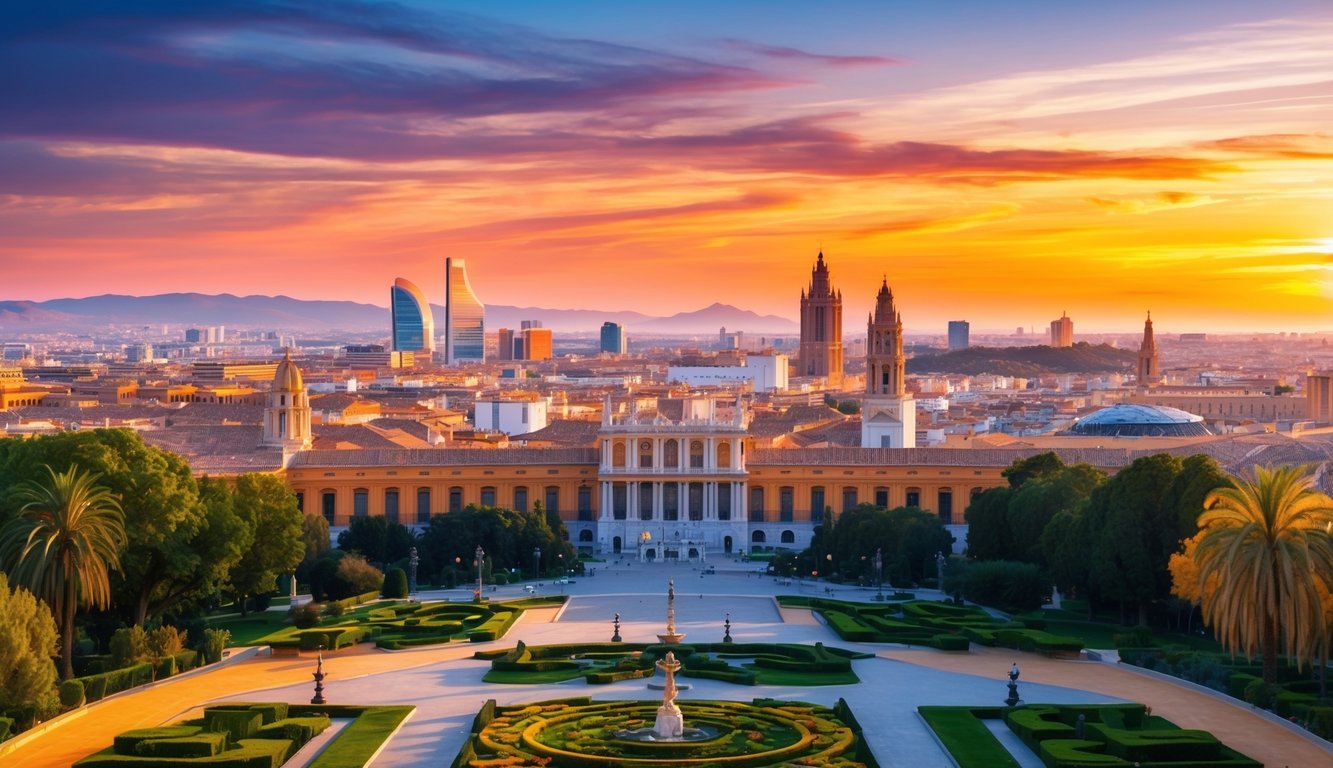 Vibrant orange sunset over the Valencia, Spain skyline, with the City of Arts and Sciences and the Turia Gardens in the foreground