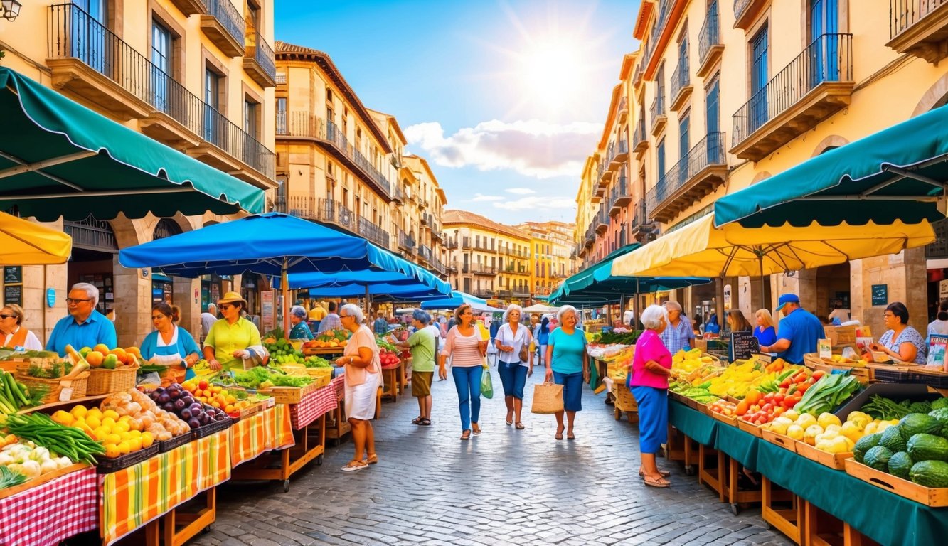 A bustling market square in Valencia, Spain, with colorful stalls selling fresh produce, local crafts, and traditional Spanish goods. The sun shines down on the lively scene, with tourists and locals alike enjoying the vibrant atmosphere