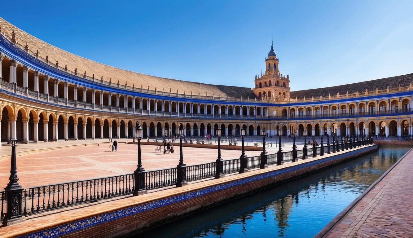 The iconic Plaza de España in Seville, Spain, with its grand semi-circular building, colorful ceramic tiles, and canal-lined walkways