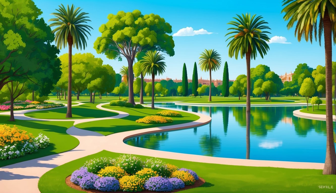 Lush green park with winding pathways, vibrant flowers, and towering palm trees in Seville, Spain. A serene lake reflects the clear blue sky