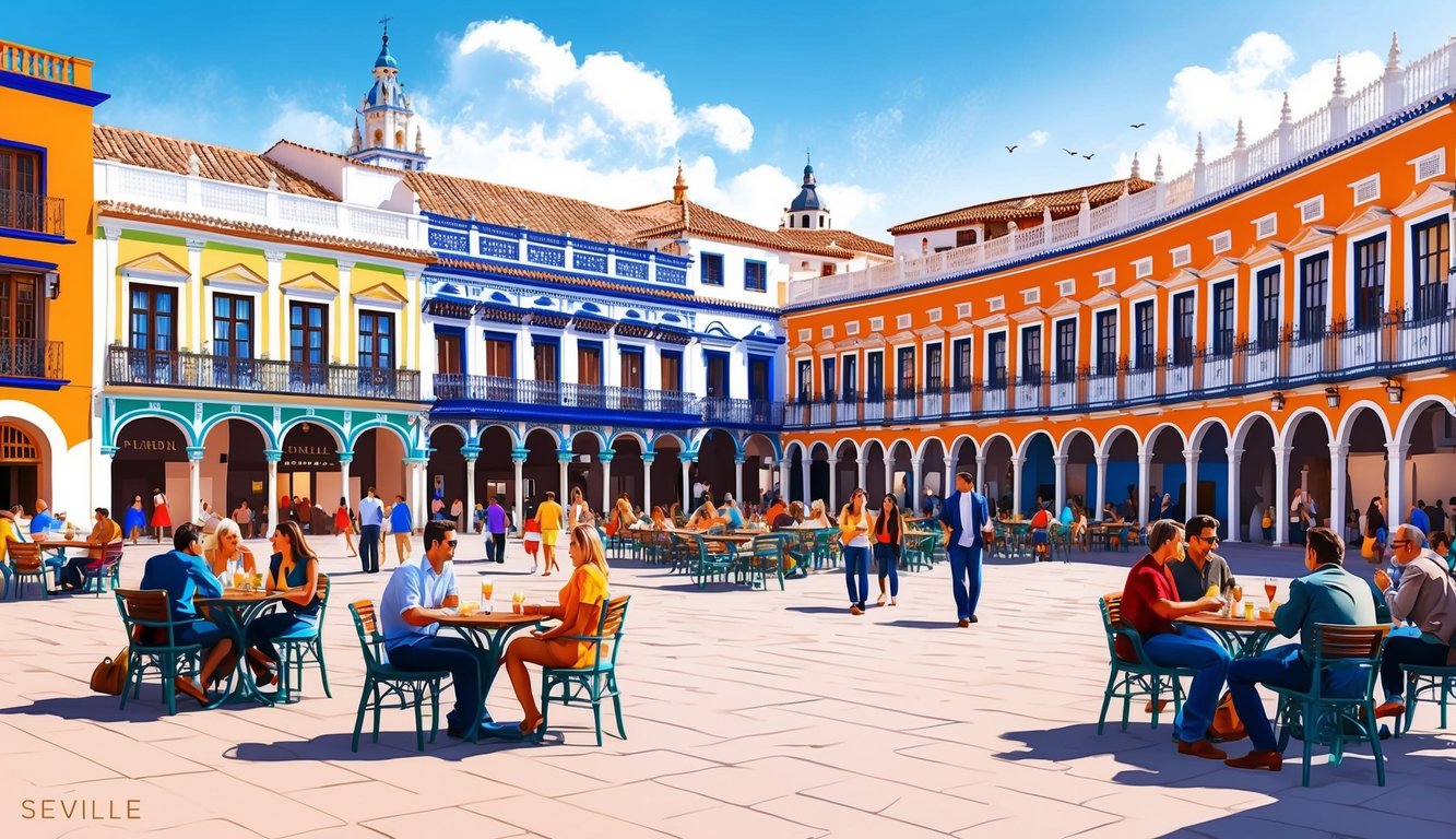 A bustling plaza in Seville, with colorful buildings, outdoor cafes, and locals enjoying the lively atmosphere