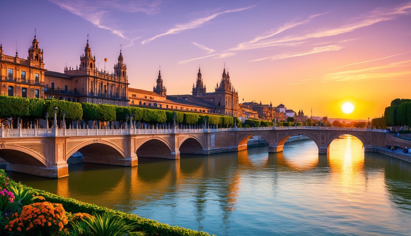 The sun sets over the Guadalquivir River, casting a warm glow on the iconic bridges and lush riverside gardens of Seville, Spain