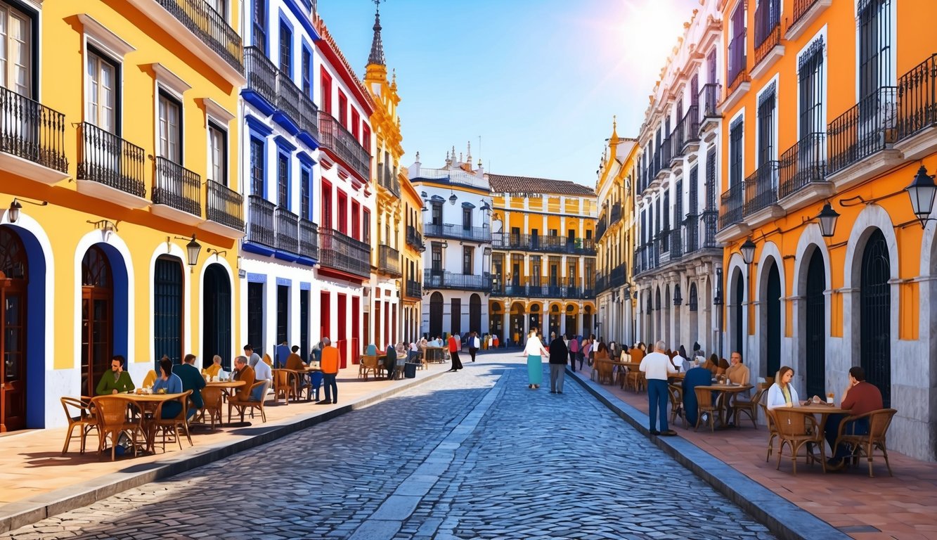 Busy Seville street with colorful buildings, cobblestone roads, and bustling cafes. Sunlight casts shadows on the historic architecture