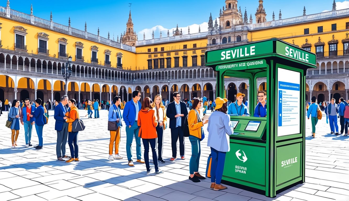 A bustling plaza in Seville, Spain, with people gathered around a kiosk labeled "Frequently Asked Questions." The iconic architecture of the city is visible in the background