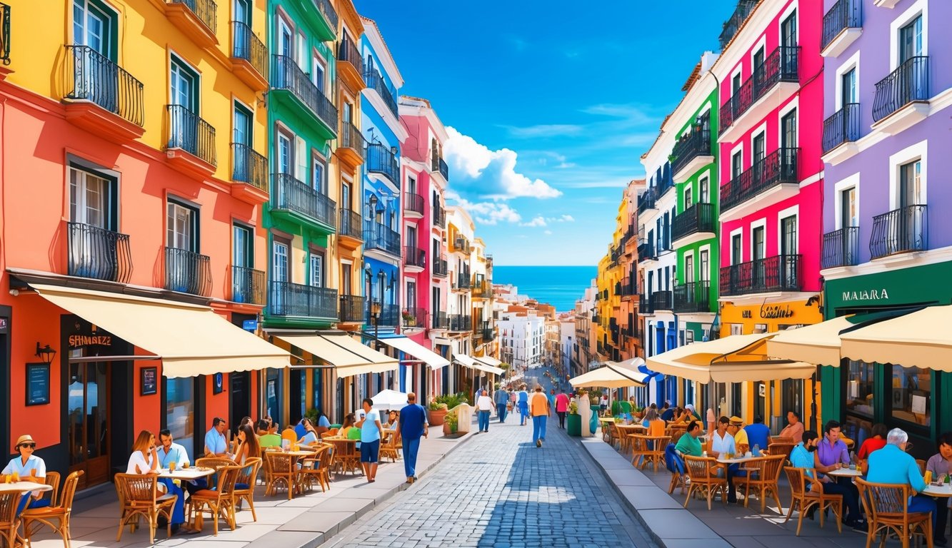 A bustling street in Malaga, Spain, lined with colorful buildings and vibrant outdoor cafes, with the Mediterranean Sea in the background