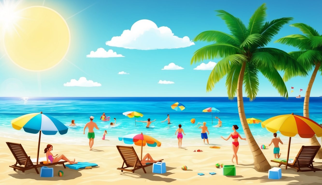 A sunny beach with clear blue water, palm trees, and colorful umbrellas. People are swimming, sunbathing, and playing beach games