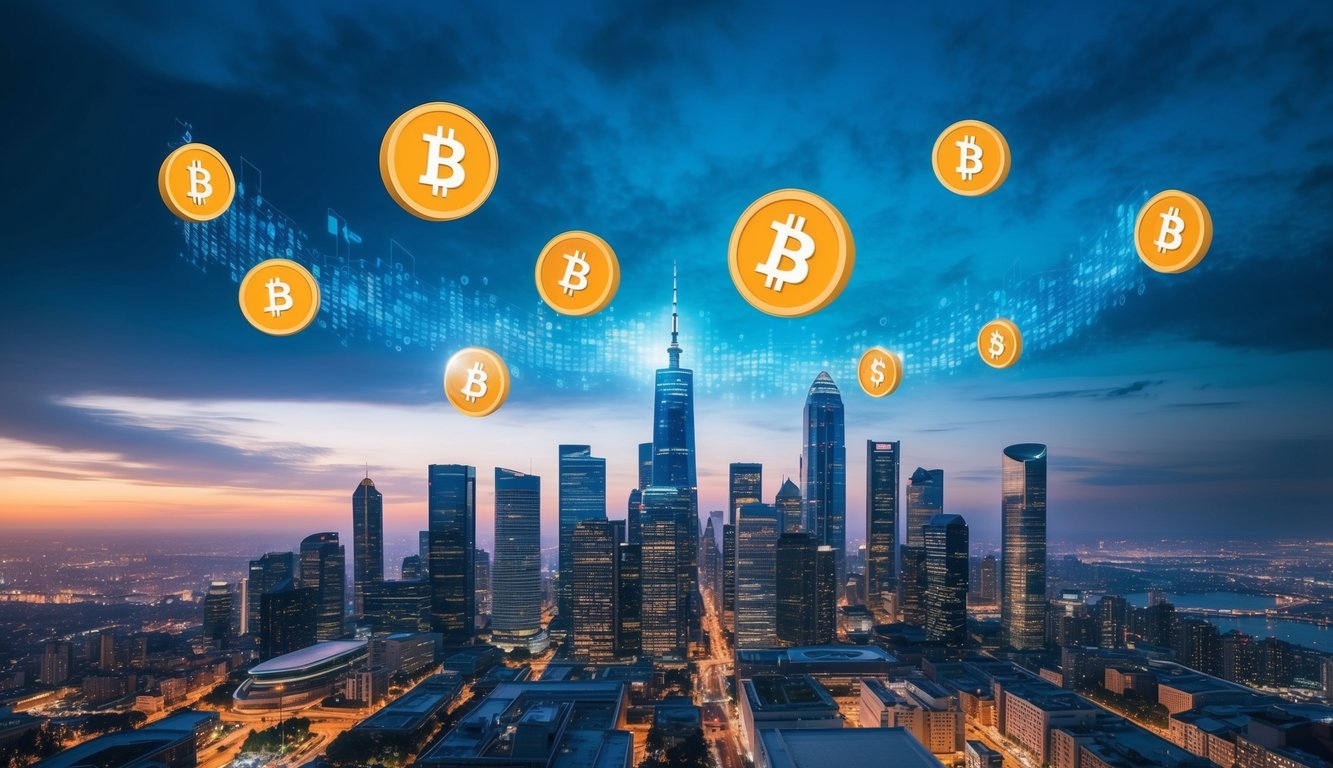 A futuristic city skyline with digital currency symbols floating above buildings, representing the evolution of currency through cryptocurrencies