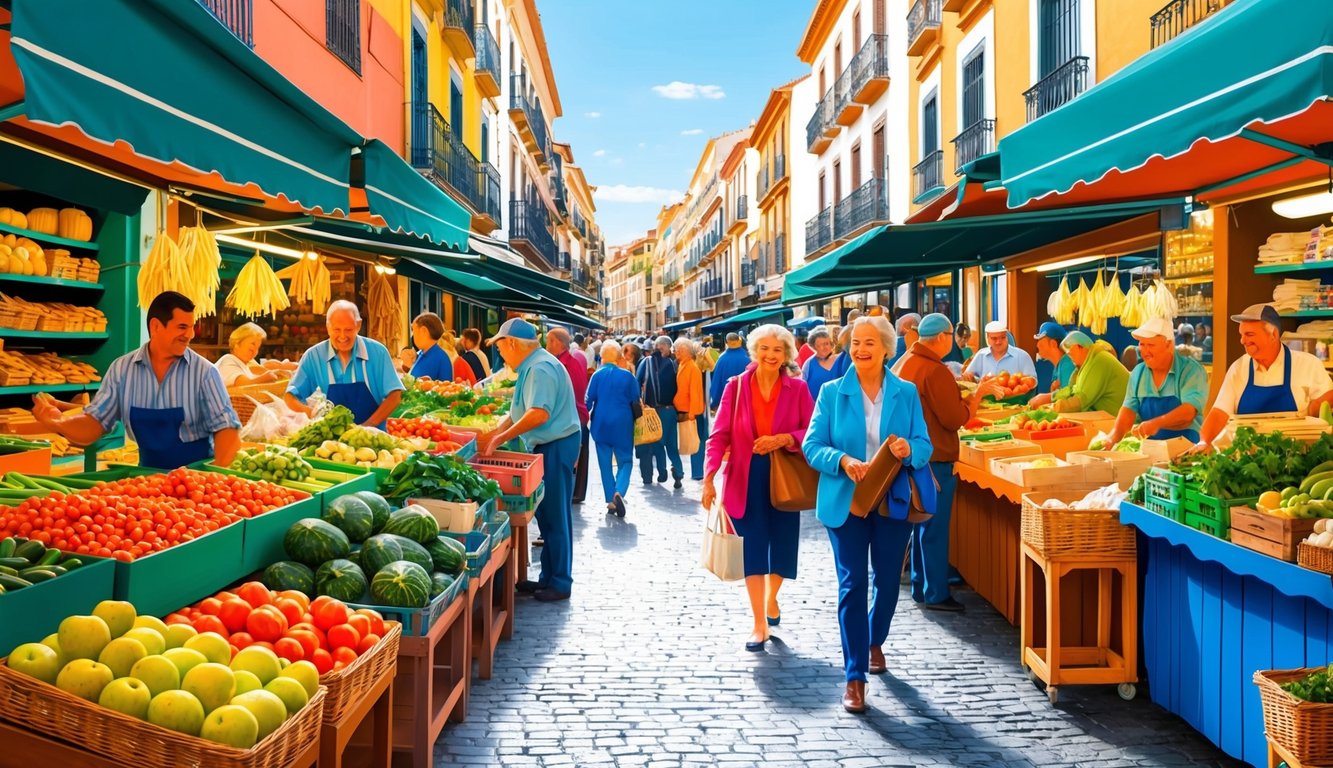 A bustling street market in Malaga, with colorful stalls and lively crowds. The scent of fresh produce and the sound of vendors calling out their wares fill the air