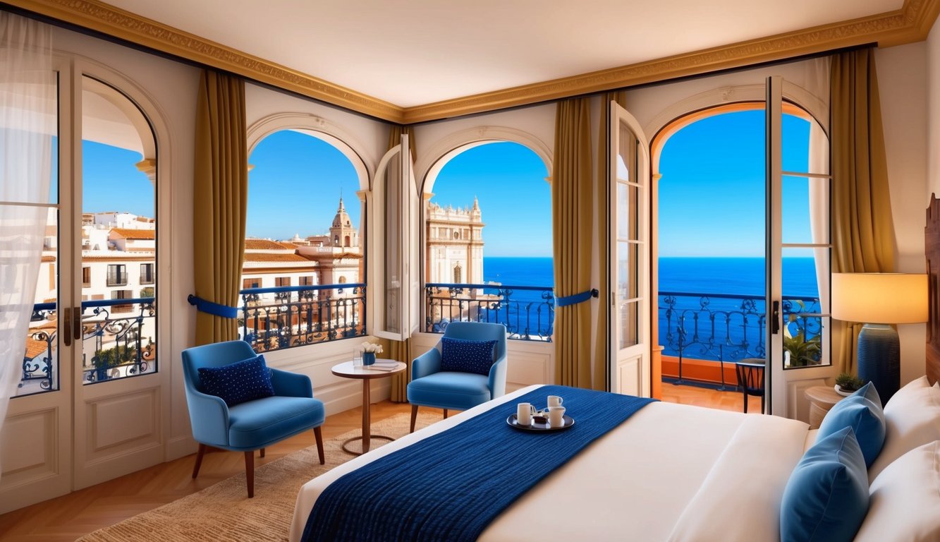 A cozy hotel room in Malaga, Spain with a view of the city's historic architecture and the sparkling Mediterranean Sea