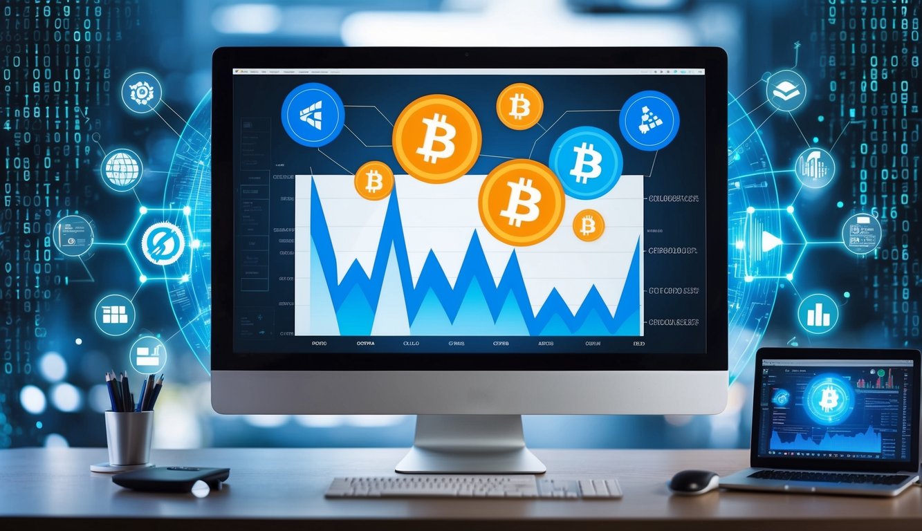 A computer screen displaying various cryptocurrency symbols and graphs, surrounded by digital code and technology icons