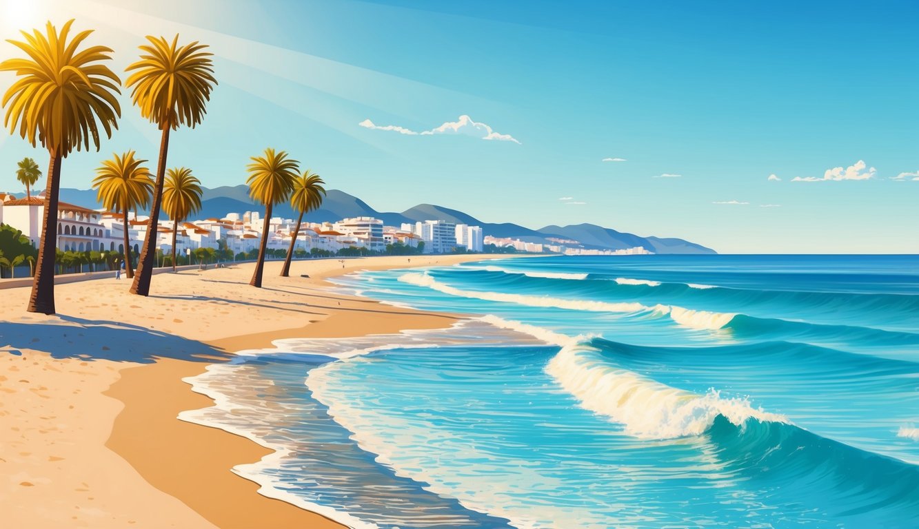 A sunny beach in Malaga, Spain with palm trees, clear blue skies, and gentle waves rolling onto the shore