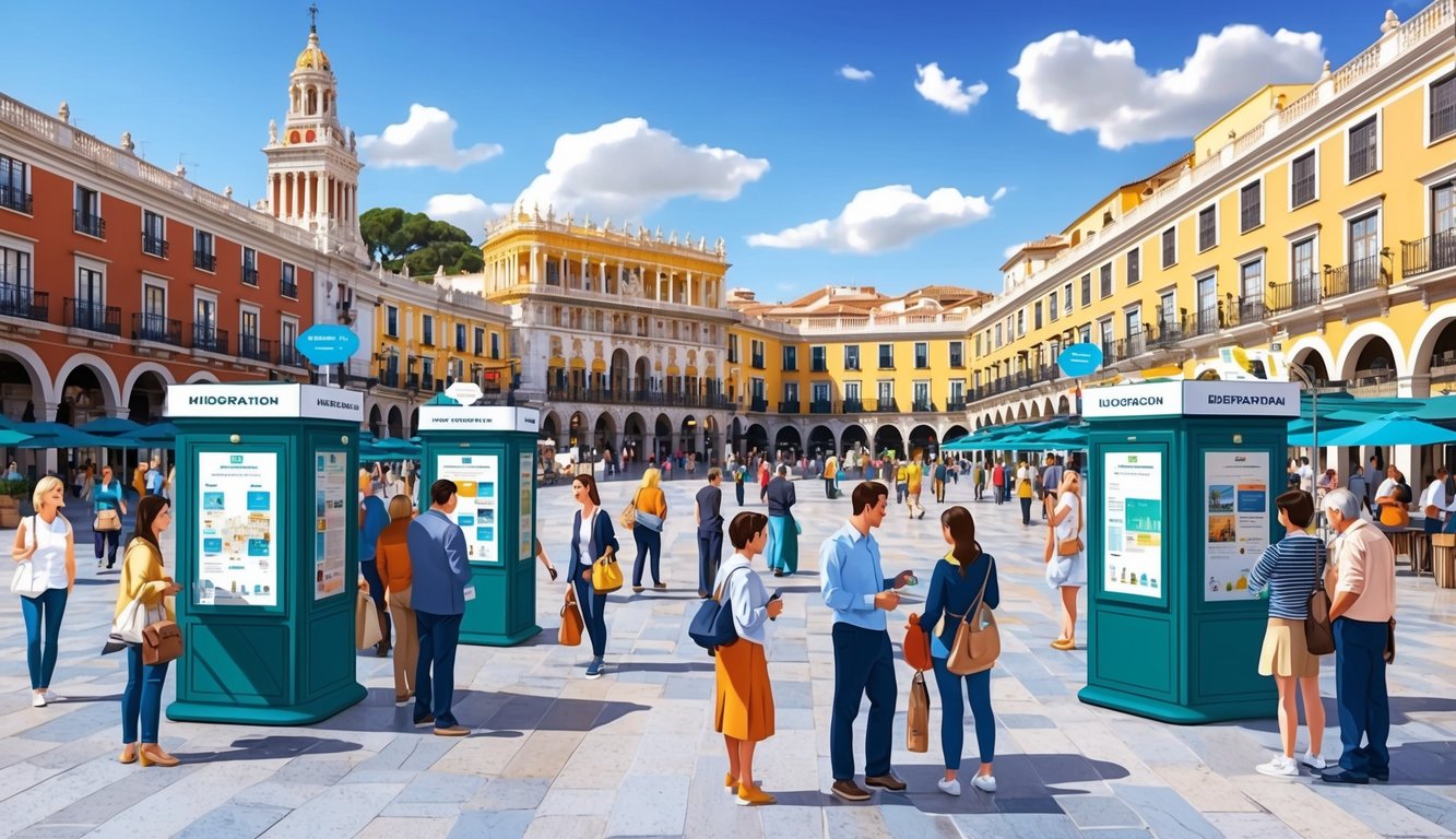 A bustling city square in Malaga, Spain, with people gathered around information kiosks and signs pointing to different attractions