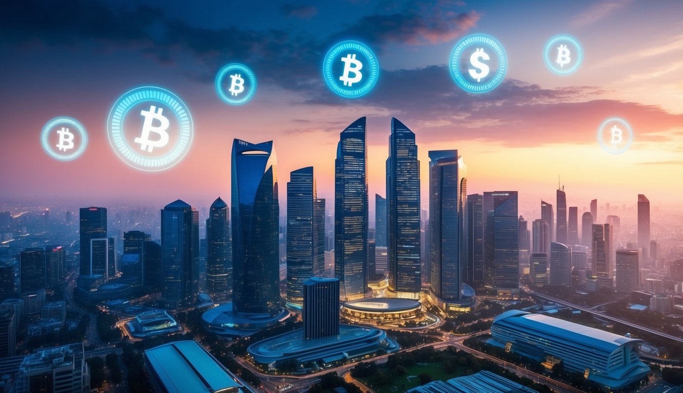 A futuristic city skyline with digital currency symbols floating above financial buildings