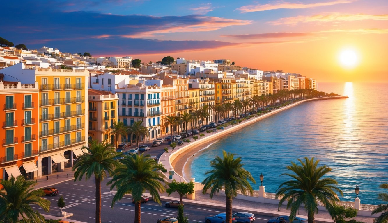 The sun sets over the picturesque coastal city of Alicante, Spain, casting a warm glow on the colorful buildings and palm-lined streets