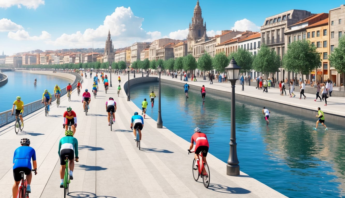 A bustling waterfront promenade with cyclists, runners, and people playing sports along the Nervión River in Bilbao, Spain