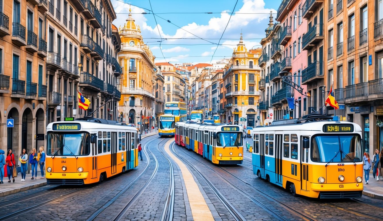 A bustling street in Bilbao, Spain with colorful trams and buses weaving through the city, surrounded by historic architecture and vibrant street life