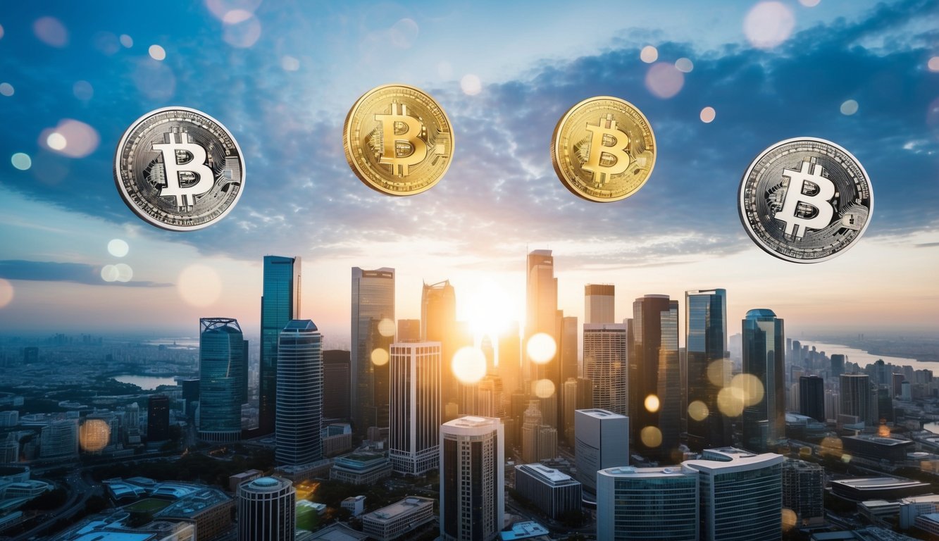 A futuristic city skyline with digital currency symbols floating above buildings, representing the impact of cryptocurrencies on finance