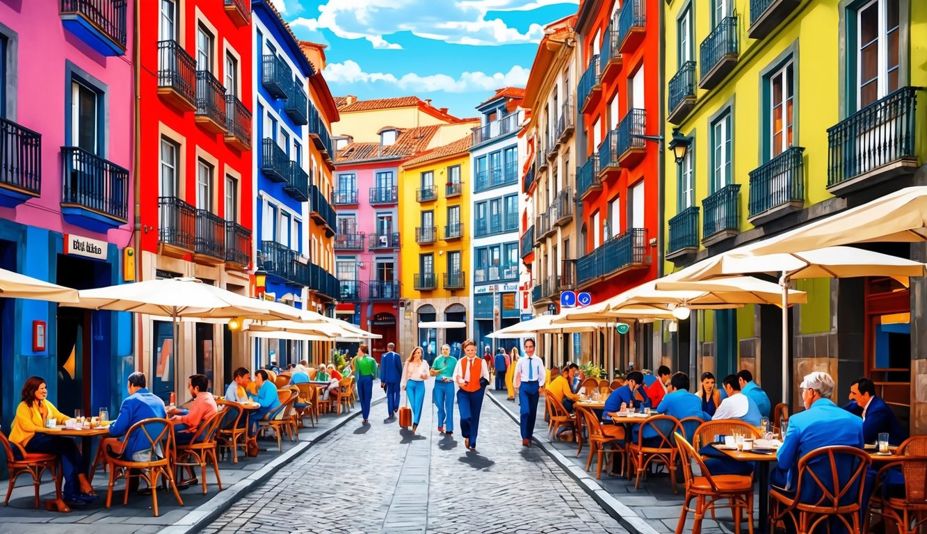 A bustling street in Bilbao, Spain, with colorful buildings, outdoor cafes, and locals going about their day