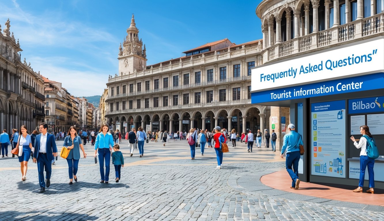 A bustling city square in Bilbao, Spain, with a prominent "Frequently Asked Questions" sign outside a tourist information center