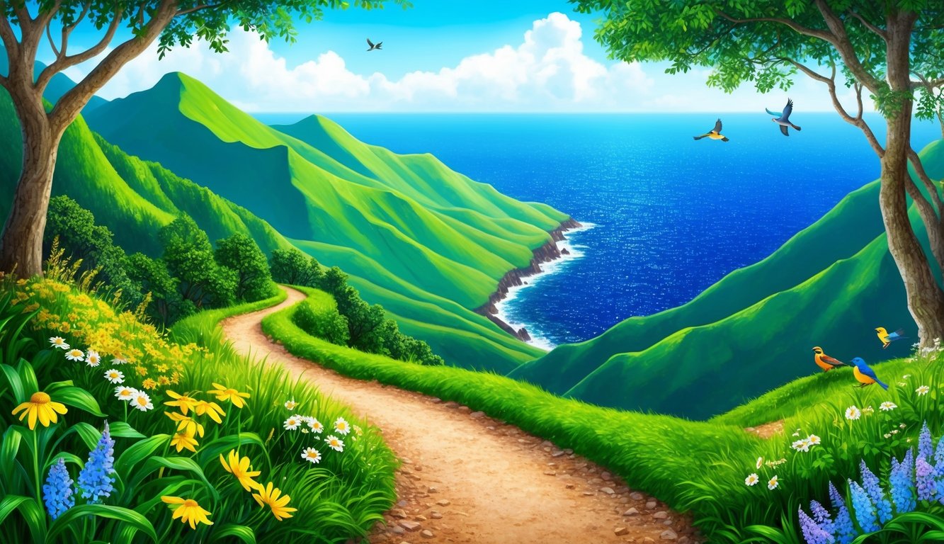 Lush green mountains overlook a sparkling blue sea, with a winding path leading into the distance. Wildflowers bloom at the edge of the trail, and colorful birds flit among the trees