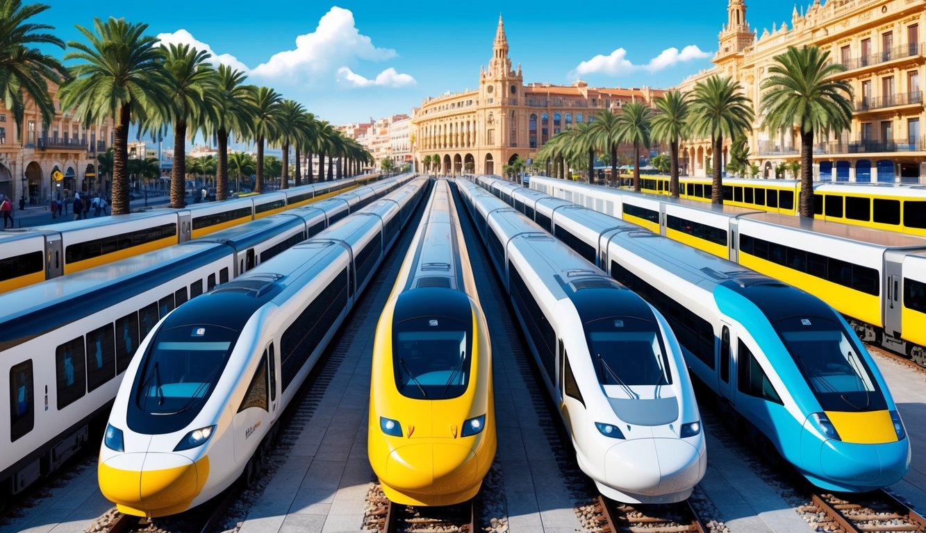 A bustling train station with modern high-speed trains and buses lined up, surrounded by palm trees and vibrant city architecture in Alicante, Spain