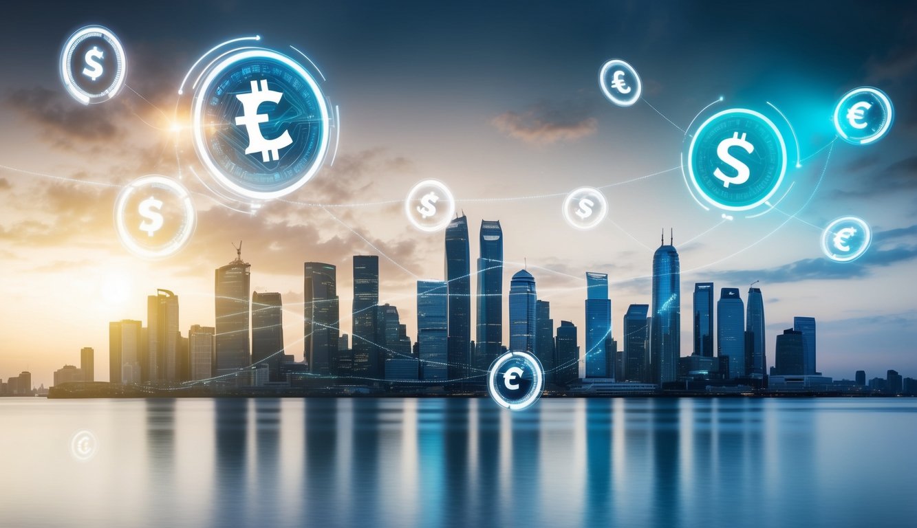 A futuristic city skyline with digital currency symbols floating in the air, intertwining with traditional currency symbols. A sense of transition and transformation is depicted