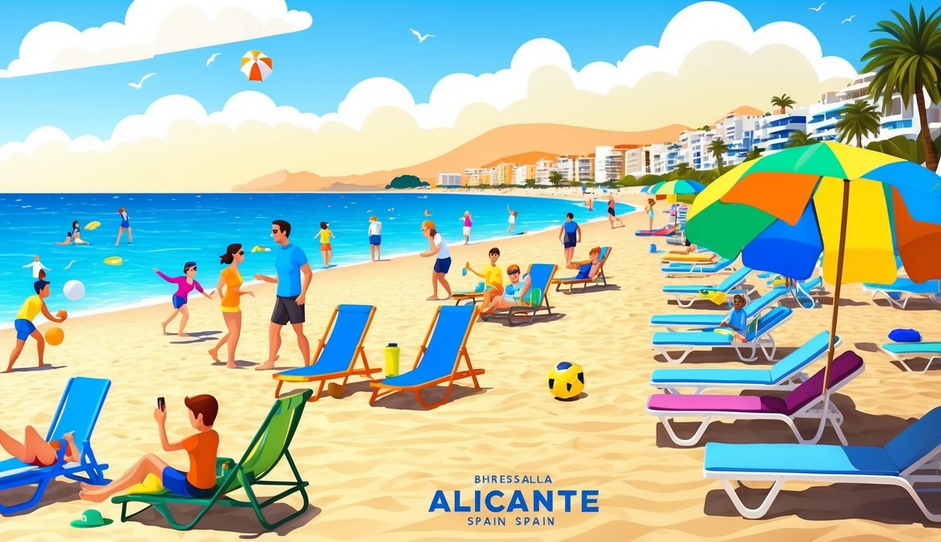 A vibrant beach scene in Alicante, Spain, with colorful umbrellas, beach chairs, and people playing various sports and recreational activities along the shore