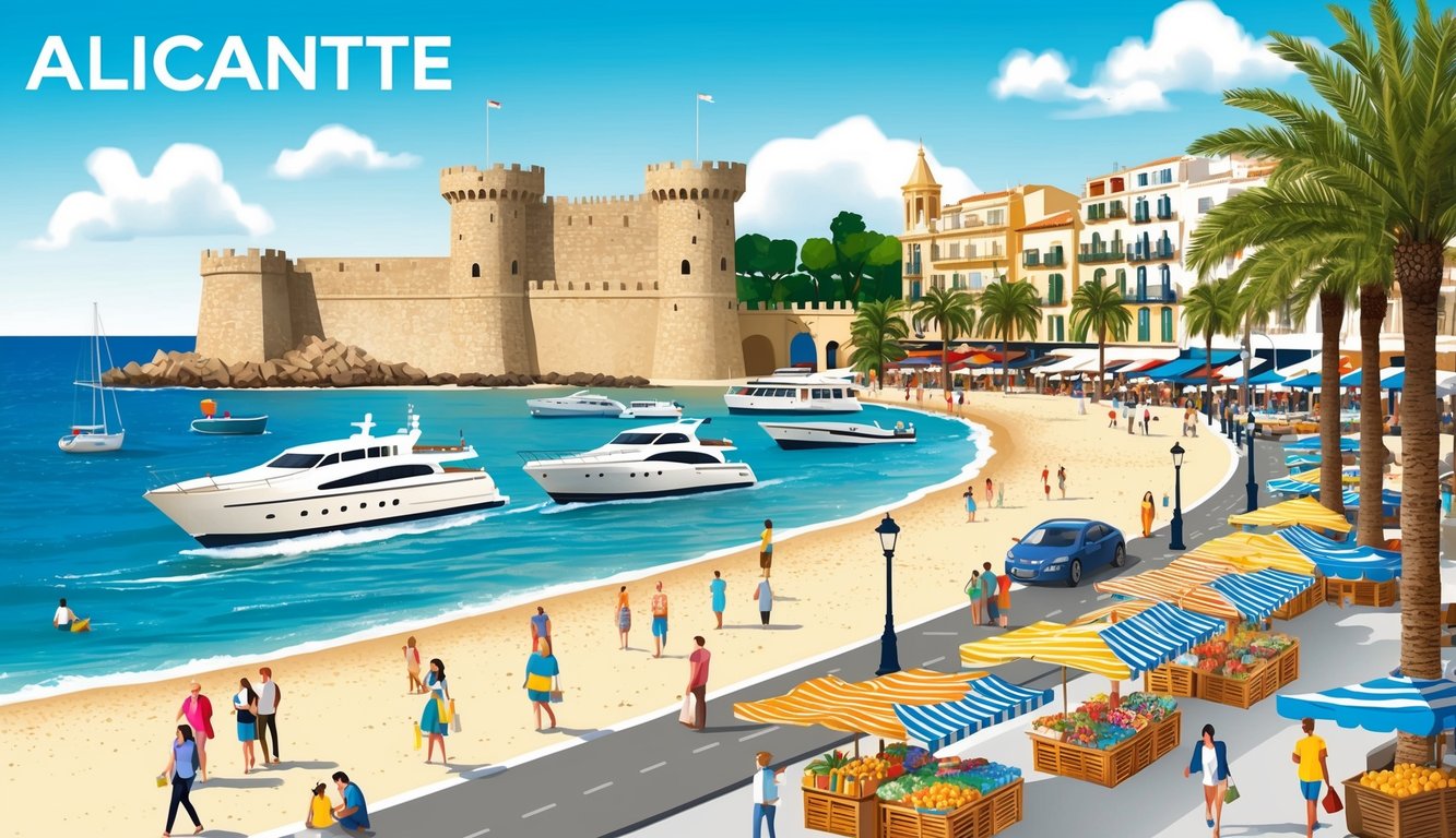 Alicante's tourist resources: sandy beaches, historic castle, bustling marina, palm-lined promenade, and vibrant street markets