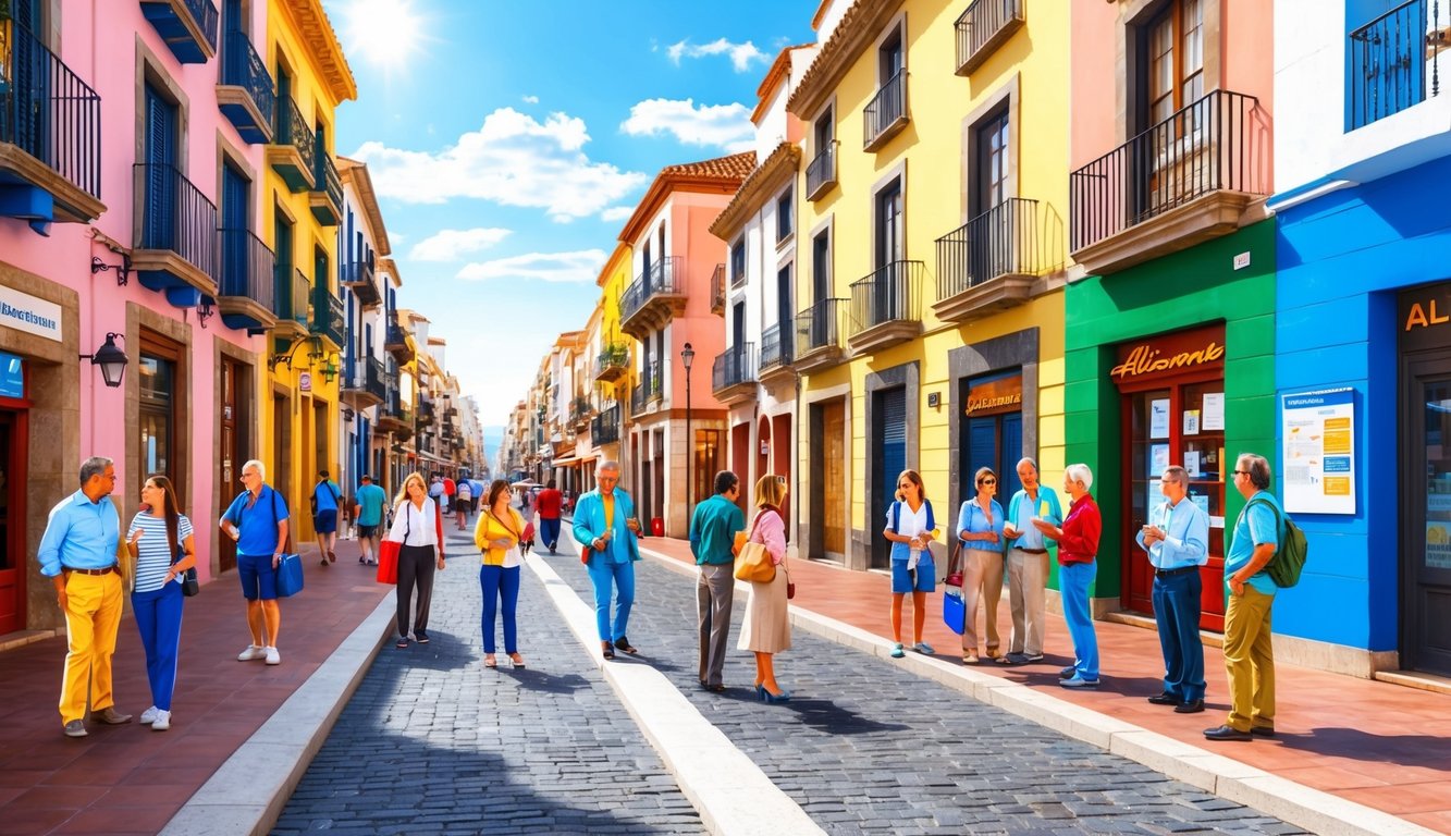 A bustling street in Alicante, Spain with colorful buildings and a variety of people asking questions at a tourist information center