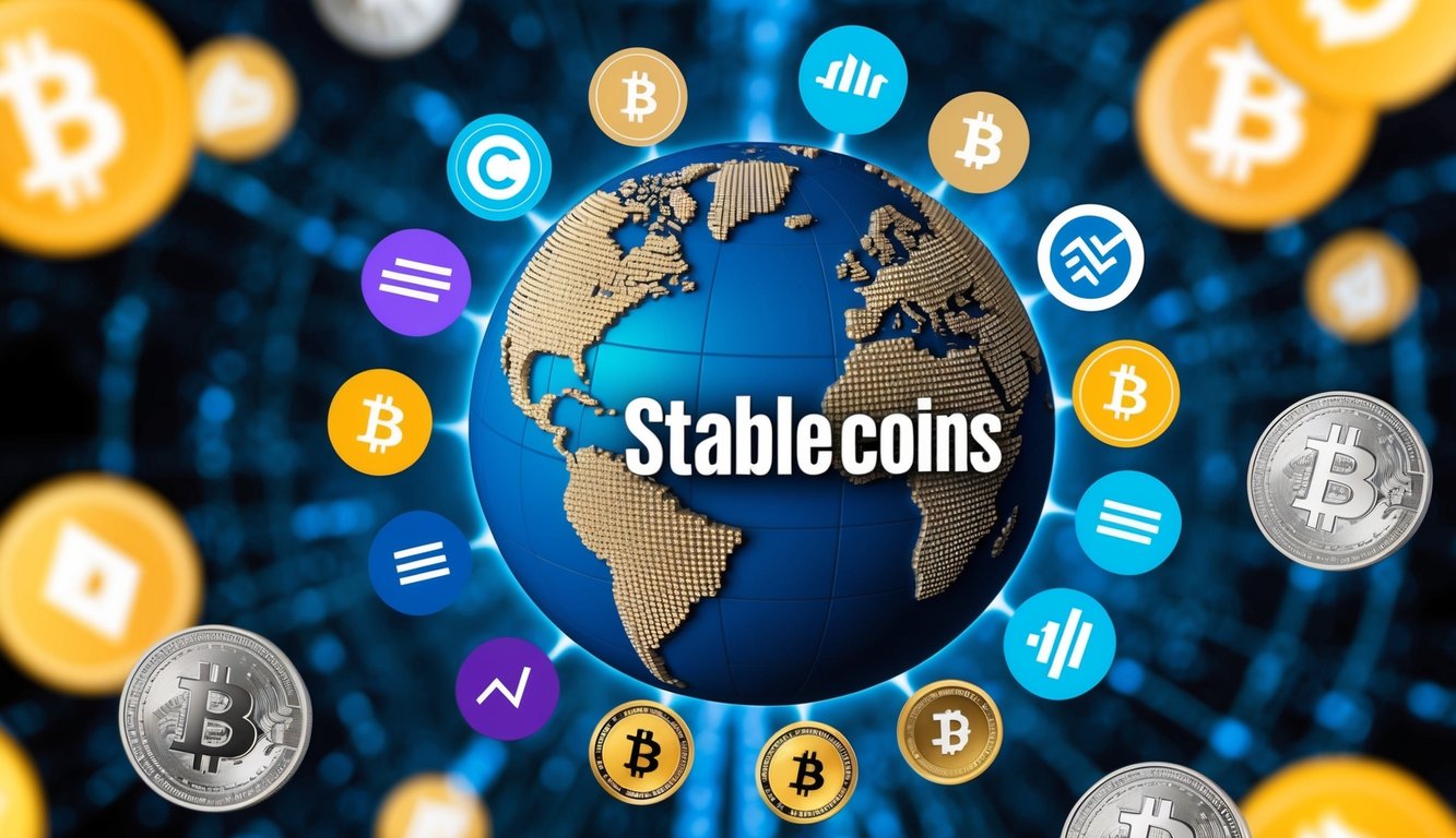 A globe surrounded by various digital currency symbols, with stablecoins at the center, representing the digitalization of currency and its impact on finance