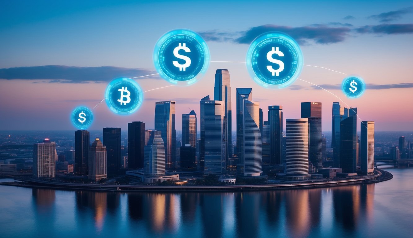 A futuristic city skyline with digital currency symbols hovering above financial buildings