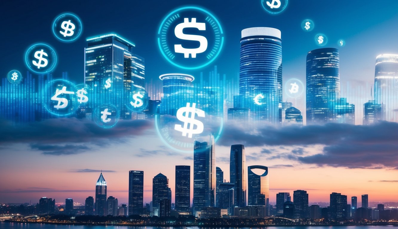 A futuristic city skyline with digital currency symbols floating above financial buildings