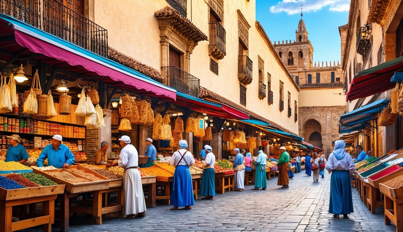 A bustling market in Cordoba, Spain, with colorful stalls and intricate architecture. The scent of spices and the sound of chatter fill the air