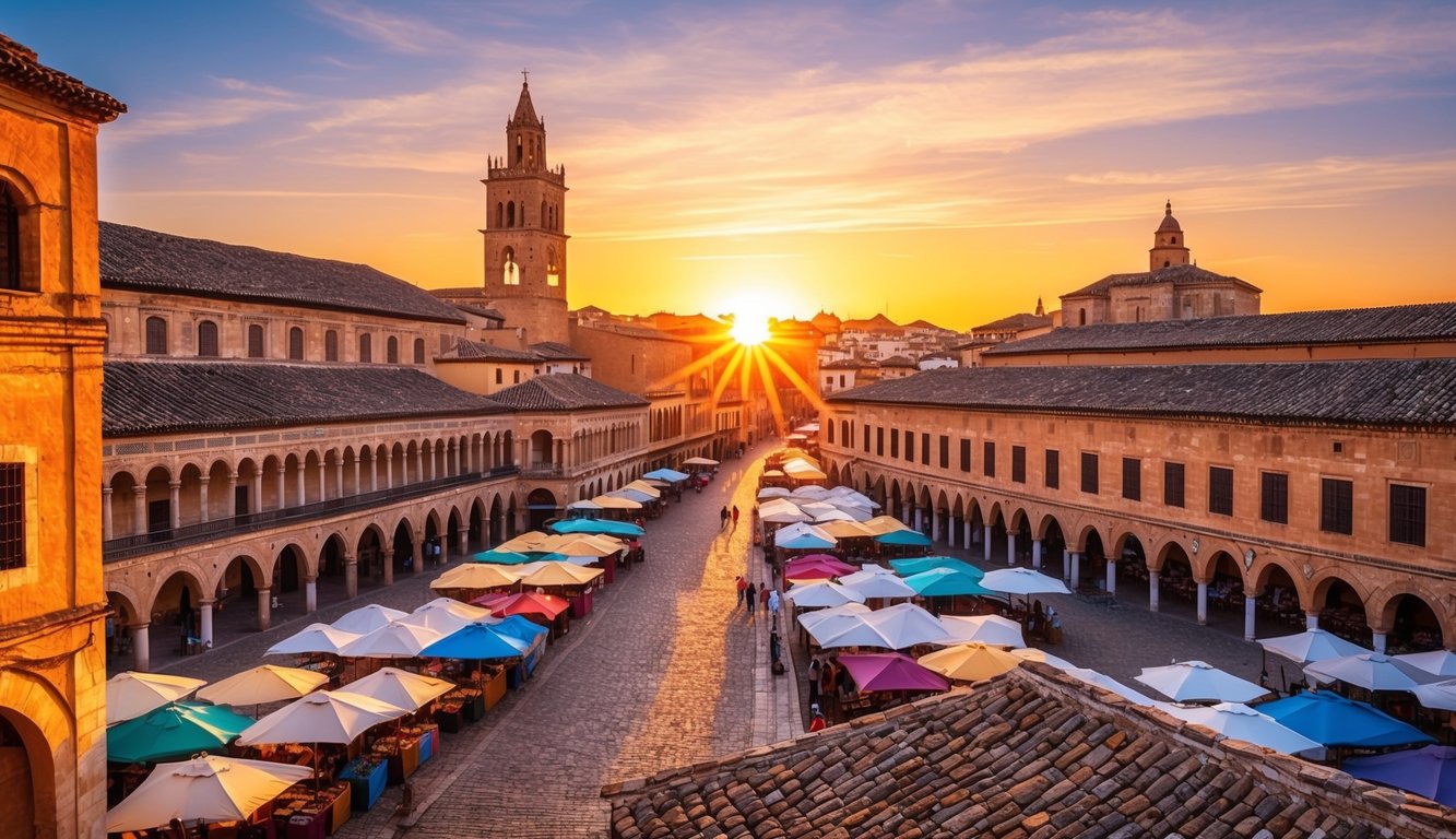 The sun sets over the ancient streets of Cordoba, casting a warm glow on the historic architecture and bustling markets