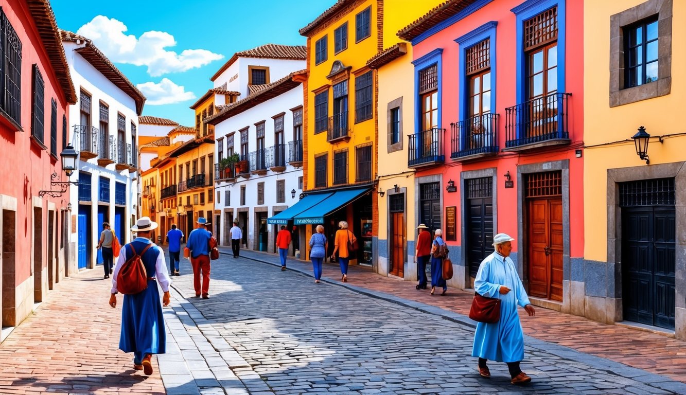 A bustling street in Cordoba, Spain, with colorful buildings, cobblestone streets, and locals going about their daily activities