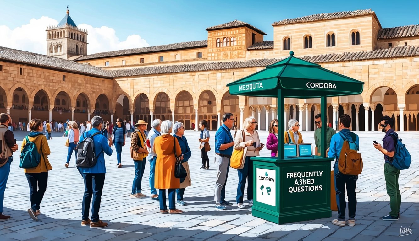 A bustling plaza in Cordoba, Spain, with tourists gathered around a kiosk labeled "Frequently Asked Questions." The iconic Mezquita in the background