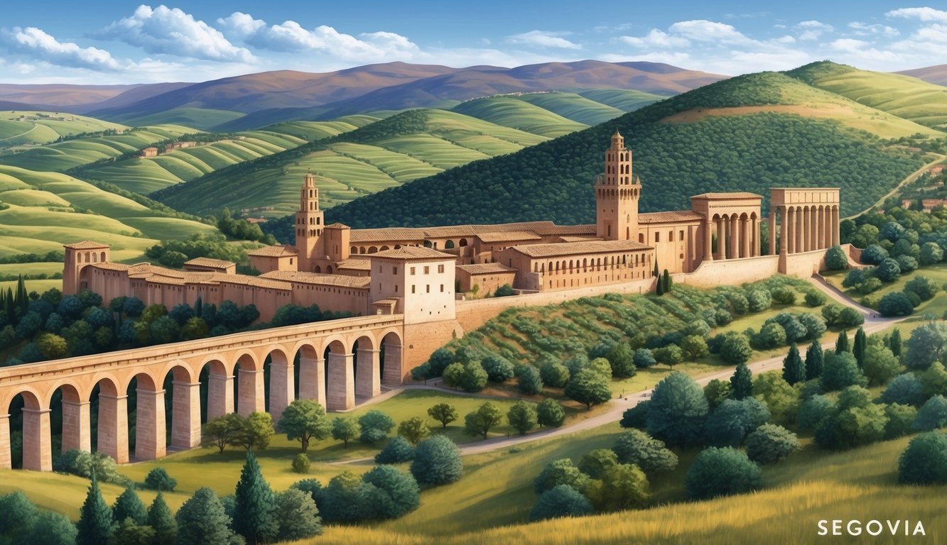 A panoramic view of Segovia, Spain, with its iconic aqueduct and medieval architecture nestled among rolling hills and lush greenery