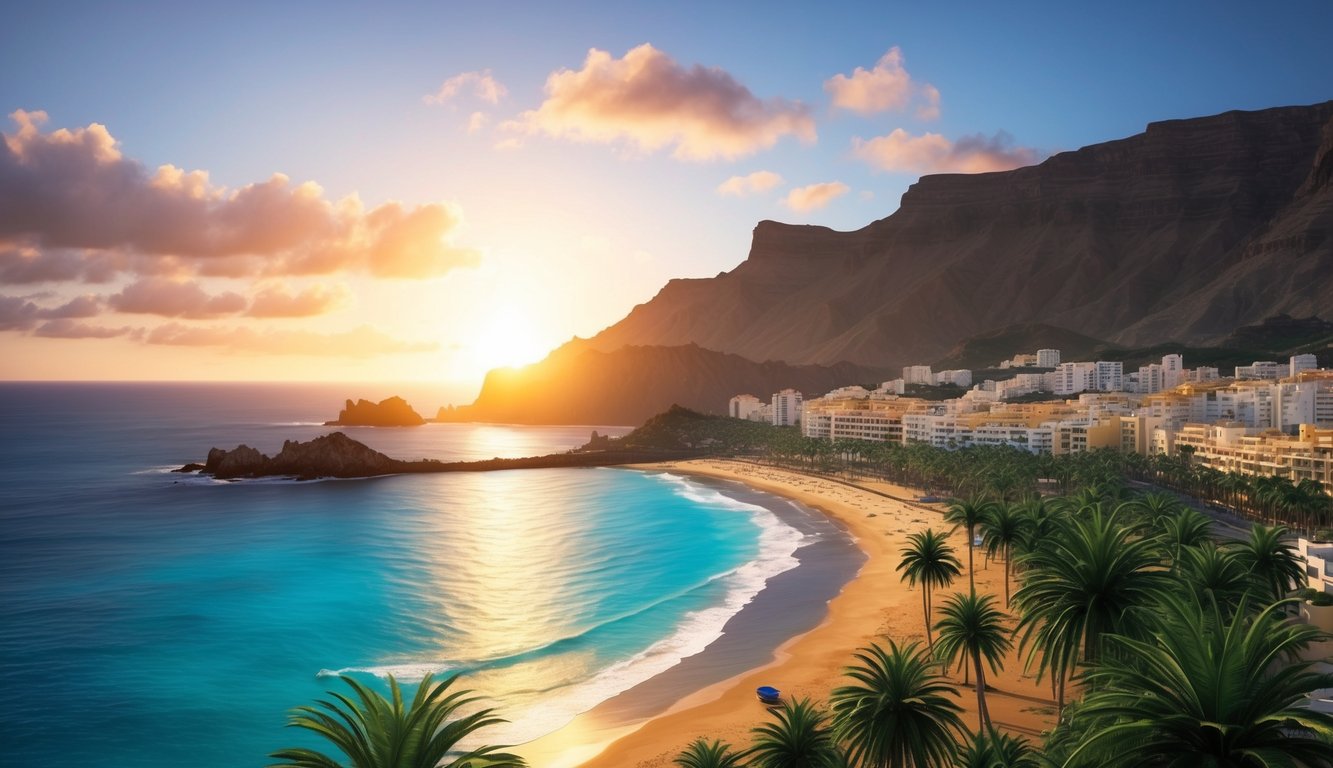 The sun sets over Tenerife's rugged coastline, casting a warm glow on the palm-fringed beaches and turquoise waters. Rocky cliffs rise in the distance, creating a dramatic backdrop for seaside escapes