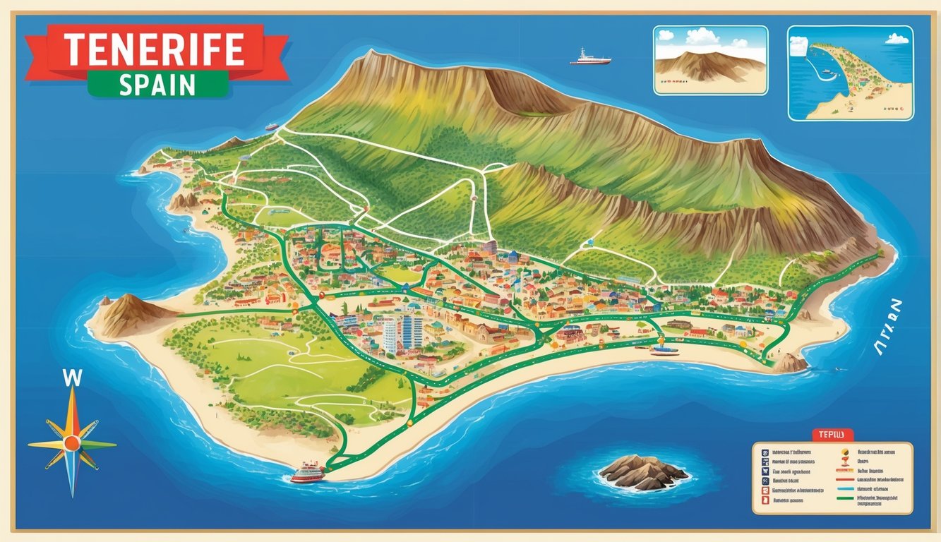 A colorful map of Tenerife, Spain with landmarks, beaches, and transportation routes