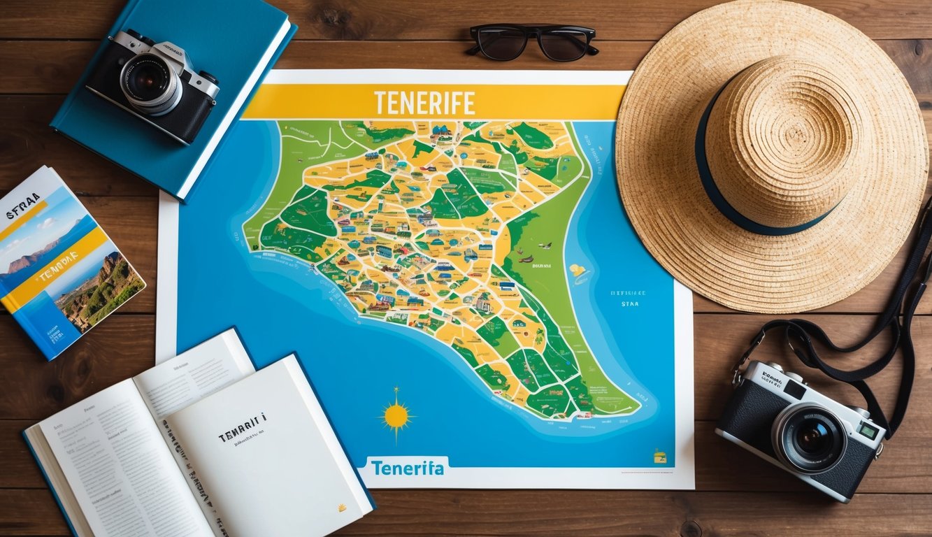 A colorful map of Tenerife, Spain, surrounded by guidebooks, a camera, and a sunhat on a wooden table